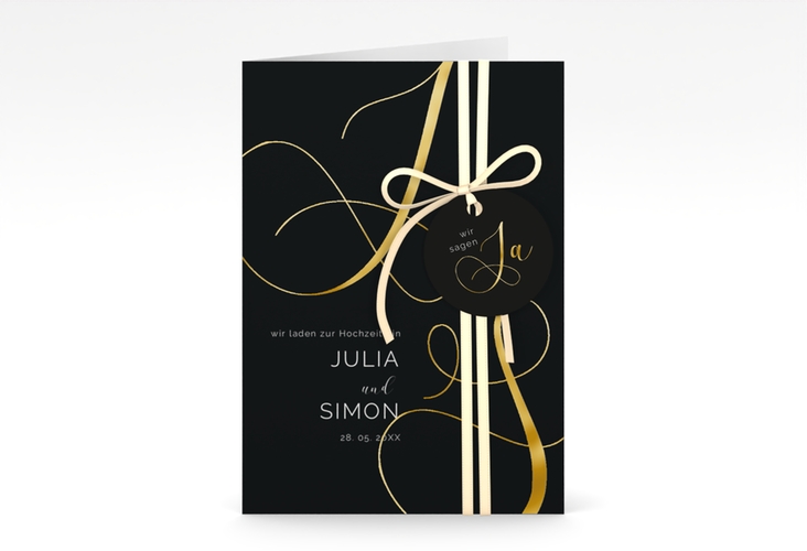 Hochzeitseinladung Eheschließung A6 Klappkarte hoch schwarz gold mit Gräsern und Trockenblumen für Boho-Hochzeit