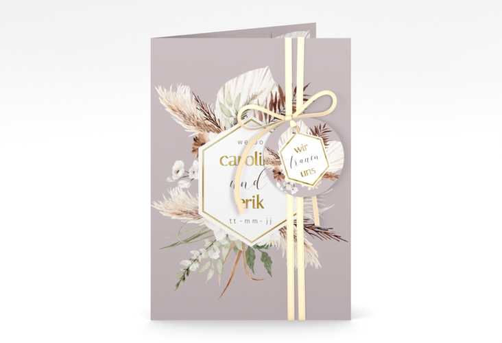 Einladungskarte Hochzeit Bohemian A6 Klappkarte hoch flieder gold mit Gräsern und Trockenblumen für Boho-Hochzeit
