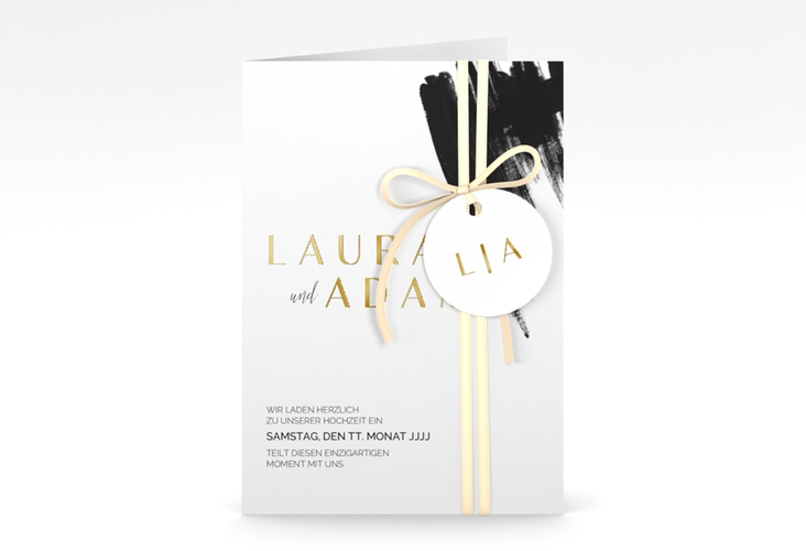 Einladungskarte Hochzeit Brush A6 Klappkarte hoch schwarz gold