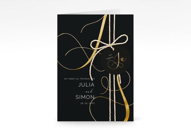 Hochzeitseinladung Eheschließung A6 Klappkarte hoch schwarz gold mit Gräsern und Trockenblumen für Boho-Hochzeit
