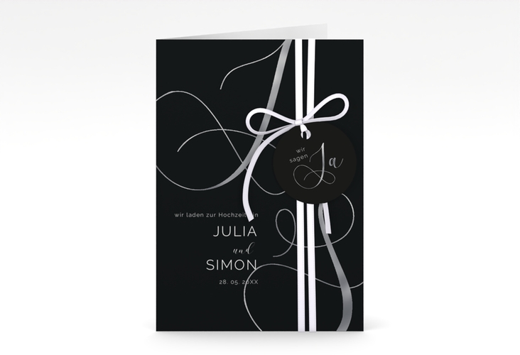 Hochzeitseinladung Eheschließung A6 Klappkarte hoch schwarz silber mit Gräsern und Trockenblumen für Boho-Hochzeit