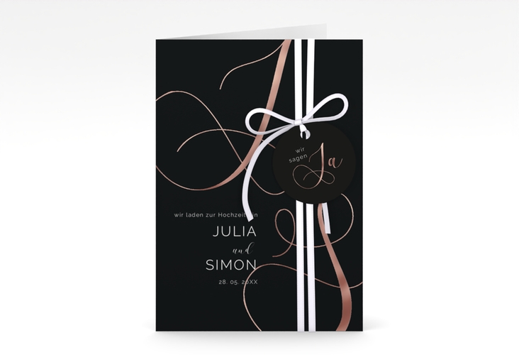 Hochzeitseinladung Eheschließung A6 Klappkarte hoch schwarz rosegold mit Gräsern und Trockenblumen für Boho-Hochzeit