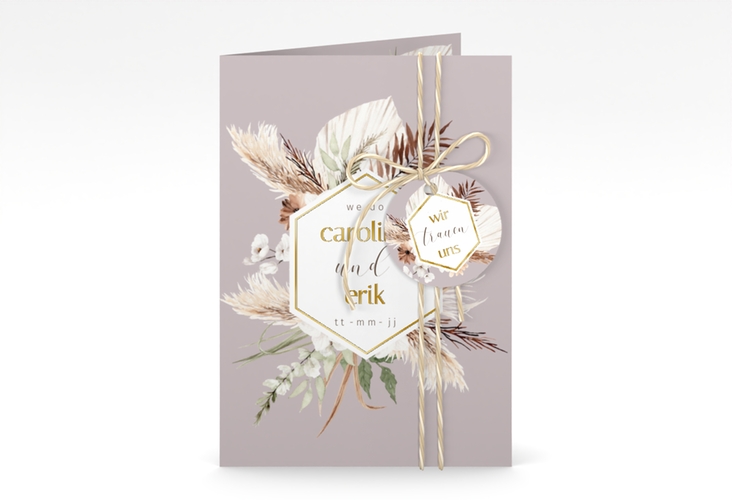 Einladungskarte Hochzeit Bohemian A6 Klappkarte hoch flieder gold mit Gräsern und Trockenblumen für Boho-Hochzeit
