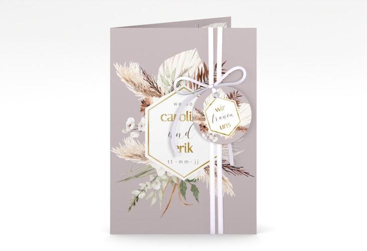 Einladungskarte Hochzeit Bohemian A6 Klappkarte hoch flieder gold mit Gräsern und Trockenblumen für Boho-Hochzeit