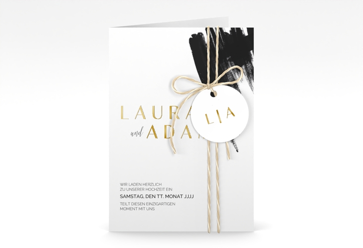 Einladungskarte Hochzeit Brush A6 Klappkarte hoch schwarz gold
