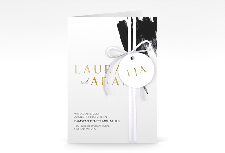 Einladungskarte Hochzeit Brush A6 Klappkarte hoch schwarz gold