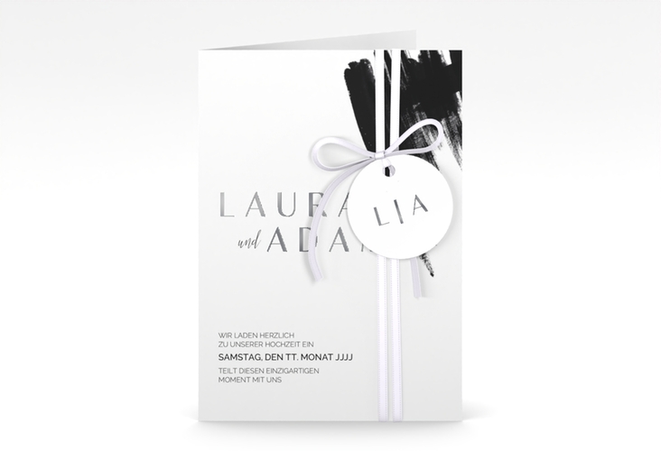 Einladungskarte Hochzeit Brush A6 Klappkarte hoch schwarz silber