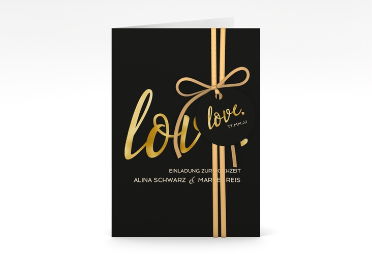 Einladungskarte Hochzeit Glam A6 Klappkarte hoch schwarz gold