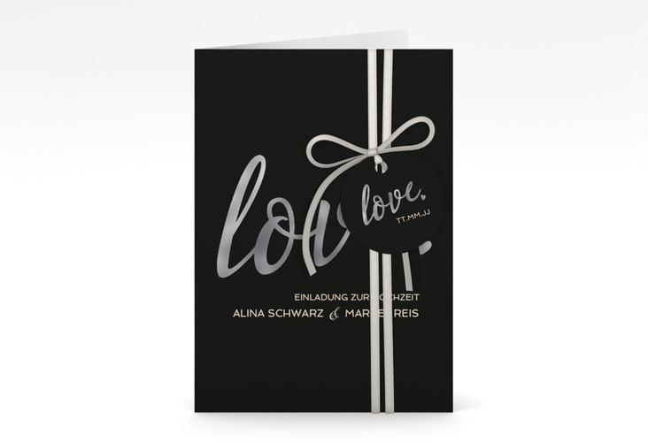 Einladungskarte Hochzeit Glam A6 Klappkarte hoch schwarz silber