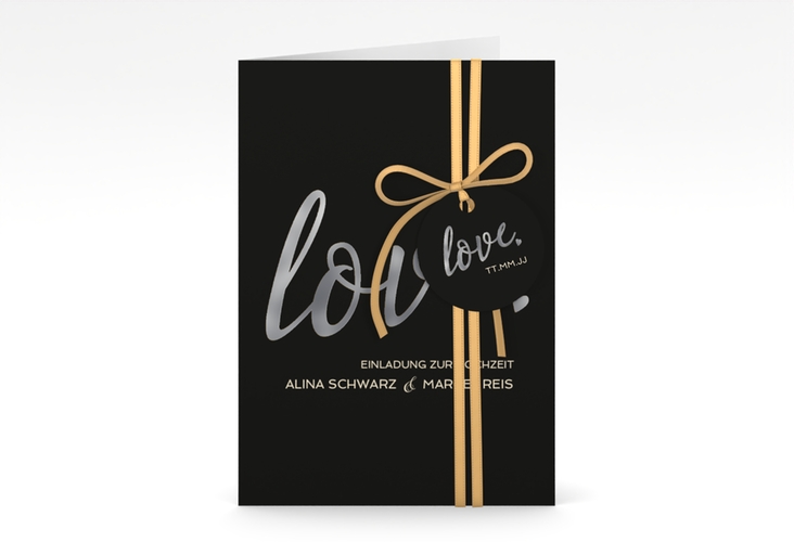 Einladungskarte Hochzeit Glam A6 Klappkarte hoch schwarz silber