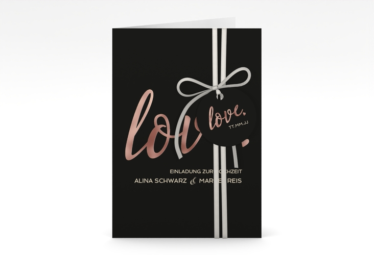 Einladungskarte Hochzeit Glam A6 Klappkarte hoch schwarz rosegold