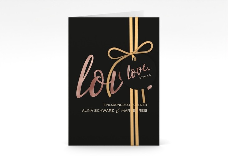 Einladungskarte Hochzeit Glam A6 Klappkarte hoch schwarz rosegold