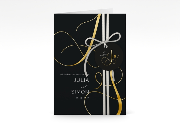 Hochzeitseinladung Eheschließung A6 Klappkarte hoch schwarz gold mit Gräsern und Trockenblumen für Boho-Hochzeit