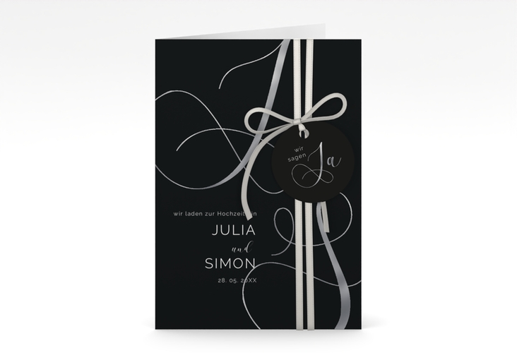 Hochzeitseinladung Eheschließung A6 Klappkarte hoch schwarz silber mit Gräsern und Trockenblumen für Boho-Hochzeit