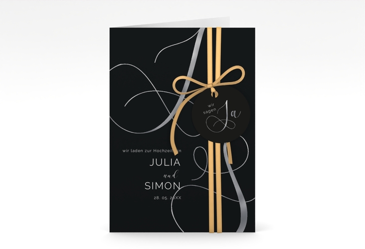 Hochzeitseinladung Eheschließung A6 Klappkarte hoch schwarz silber mit Gräsern und Trockenblumen für Boho-Hochzeit