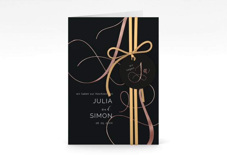 Hochzeitseinladung Eheschließung A6 Klappkarte hoch schwarz rosegold mit Gräsern und Trockenblumen für Boho-Hochzeit