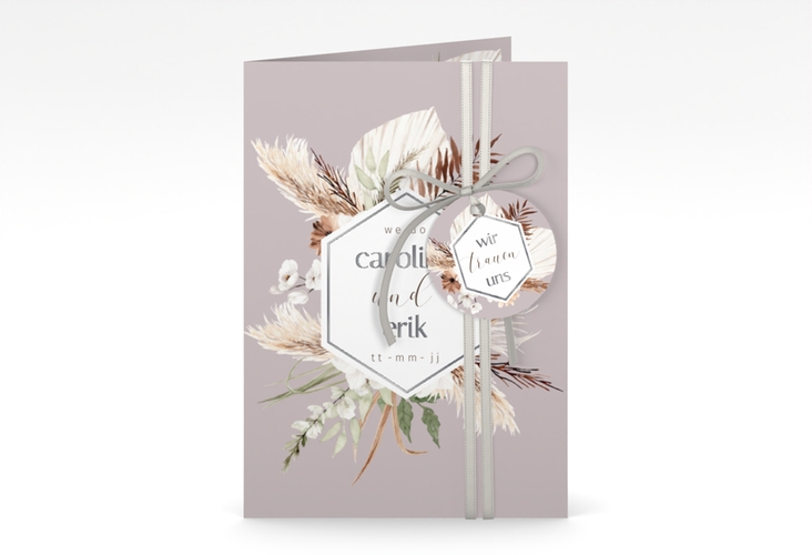 Einladungskarte Hochzeit Bohemian A6 Klappkarte hoch flieder silber mit Gräsern und Trockenblumen für Boho-Hochzeit