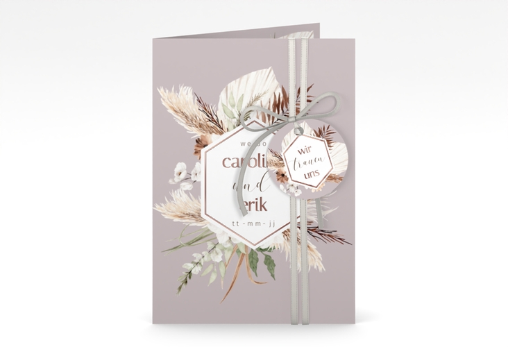 Einladungskarte Hochzeit Bohemian A6 Klappkarte hoch flieder rosegold mit Gräsern und Trockenblumen für Boho-Hochzeit