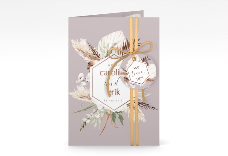 Einladungskarte Hochzeit Bohemian A6 Klappkarte hoch flieder rosegold mit Gräsern und Trockenblumen für Boho-Hochzeit