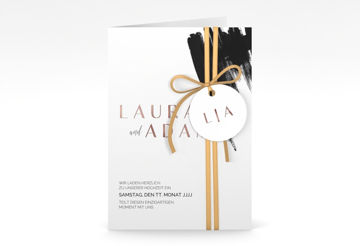 Einladungskarte Hochzeit Brush A6 Klappkarte hoch schwarz rosegold