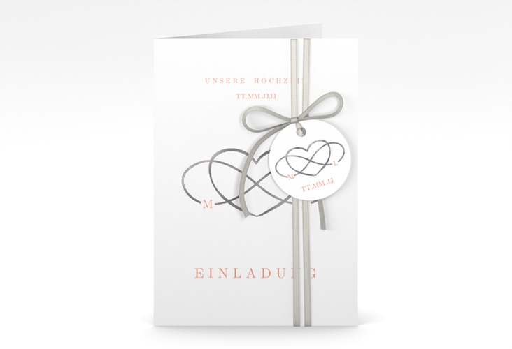 Einladungskarte Hochzeit Infinity A6 Klappkarte hoch apricot silber