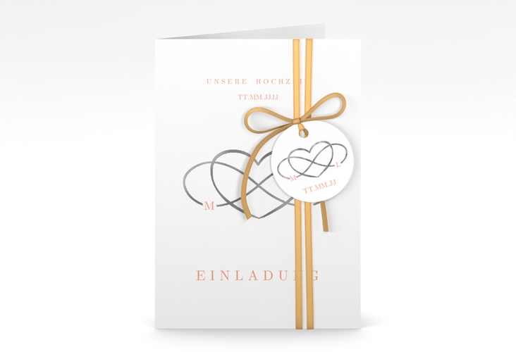 Einladungskarte Hochzeit Infinity A6 Klappkarte hoch apricot silber
