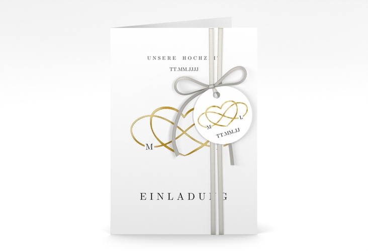 Einladungskarte Hochzeit Infinity A6 Klappkarte hoch schwarz gold