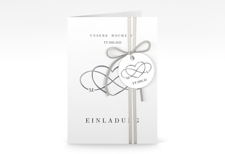 Einladungskarte Hochzeit Infinity A6 Klappkarte hoch schwarz silber