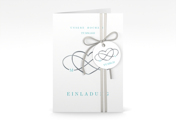 Einladungskarte Hochzeit Infinity A6 Klappkarte hoch tuerkis silber