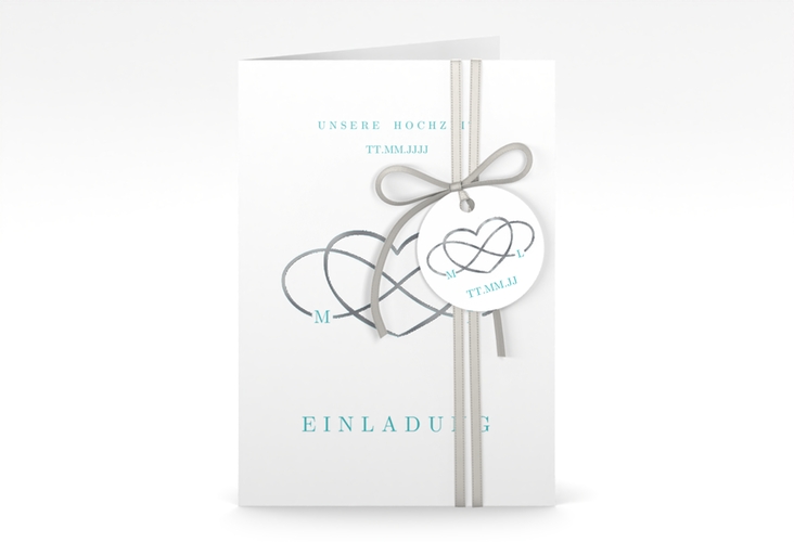 Einladungskarte Hochzeit Infinity A6 Klappkarte hoch tuerkis silber