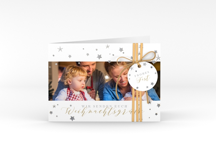Weihnachtskarte Sternennacht A6 Klappkarte quer weiss silber mit Sternchen und Familienfoto