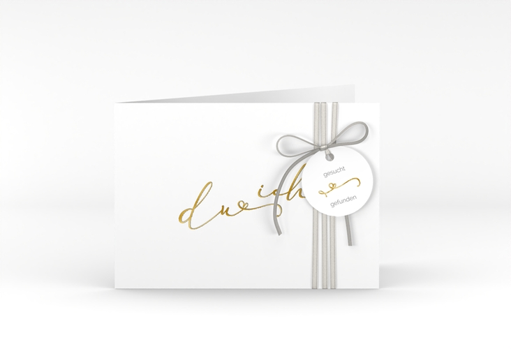 Hochzeitseinladung Zweisamkeit A6 Klappkarte quer weiss gold im minimalistischen Stil mit Aufschrift du & ich