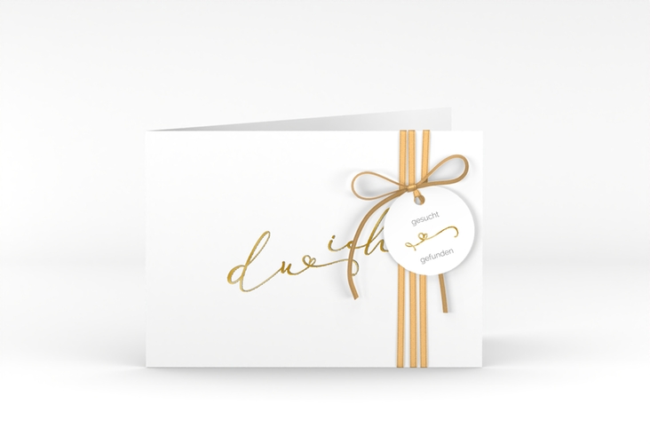 Hochzeitseinladung Zweisamkeit A6 Klappkarte quer weiss gold im minimalistischen Stil mit Aufschrift du & ich