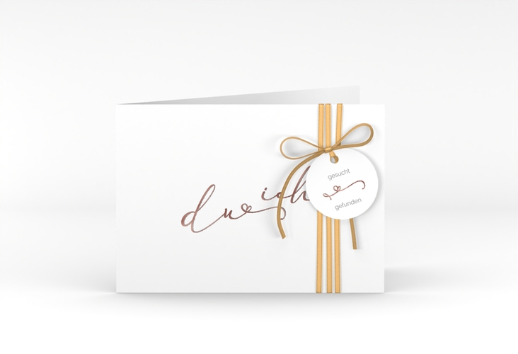 Hochzeitseinladung Zweisamkeit A6 Klappkarte quer weiss rosegold im minimalistischen Stil mit Aufschrift du & ich