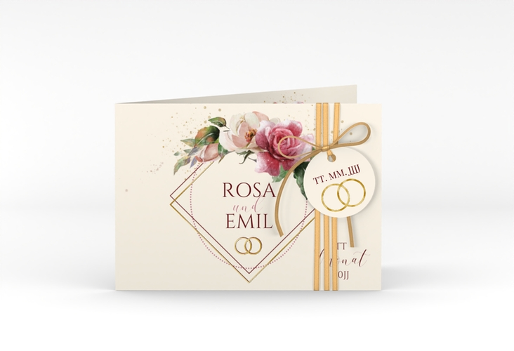 Hochzeitseinladung Rosenbogen A6 Klappkarte quer beige gold