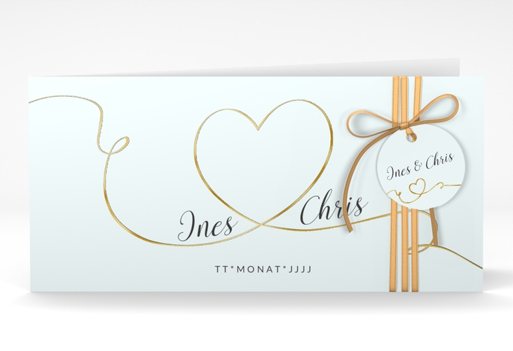 Hochzeitseinladung Dolce lange Klappkarte quer tuerkis gold