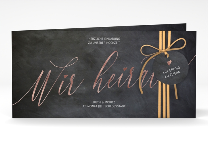 Hochzeitseinladung Chalkboard lange Klappkarte quer schwarz rosegold mit Folienveredelung
