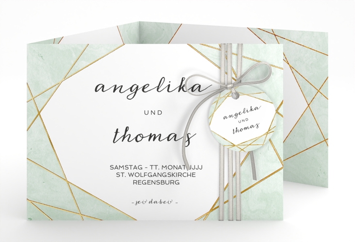 Hochzeitseinladung Asymmetry A6 Doppel-Klappkarte gruen gold