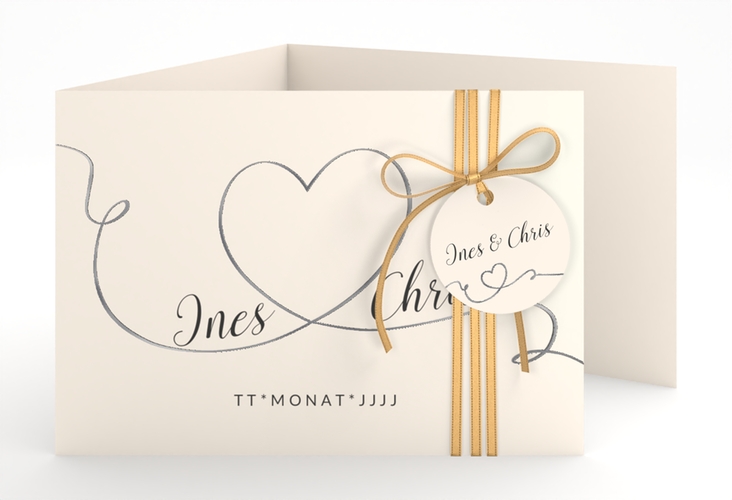 Hochzeitseinladung Dolce A6 Doppel-Klappkarte beige silber
