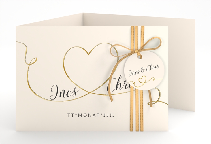 Hochzeitseinladung Dolce A6 Doppel-Klappkarte beige gold