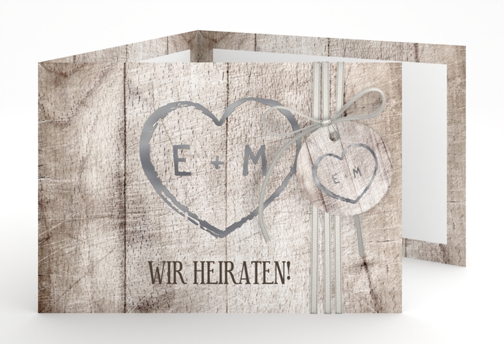Hochzeitseinladung Wood A6 Doppel-Klappkarte weiss silber