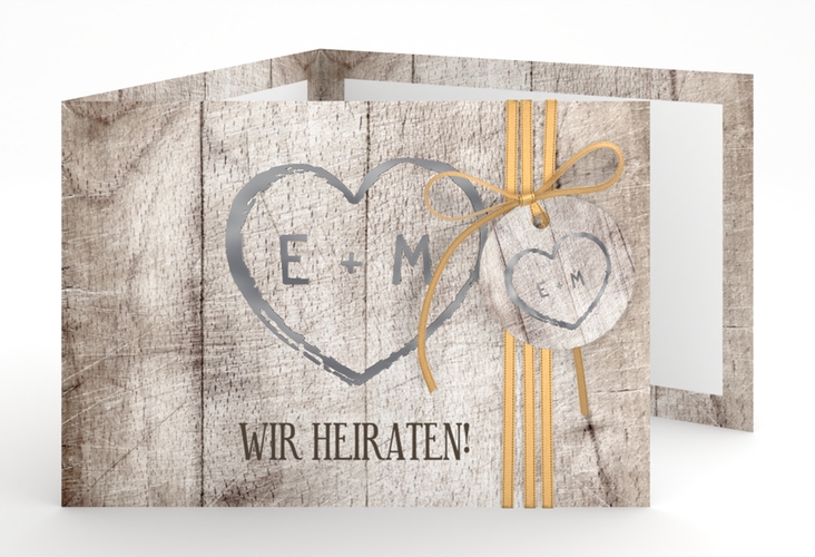 Hochzeitseinladung Wood A6 Doppel-Klappkarte weiss silber