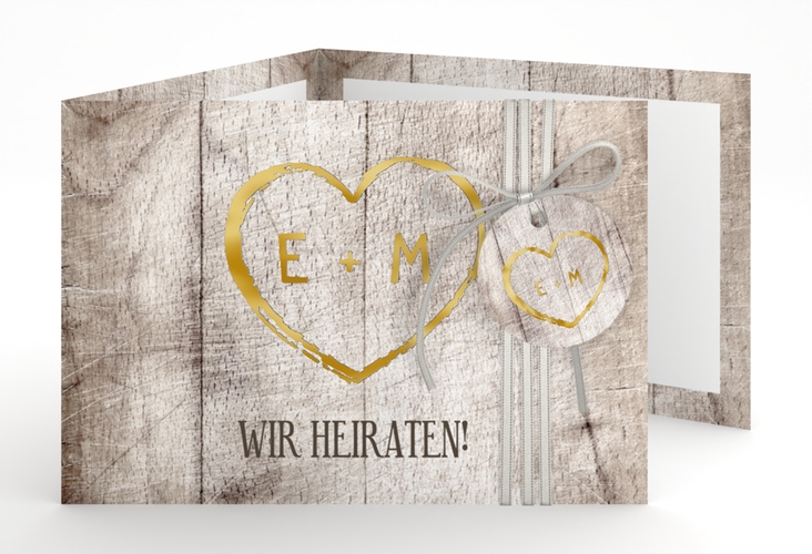 Hochzeitseinladung Wood A6 Doppel-Klappkarte weiss gold