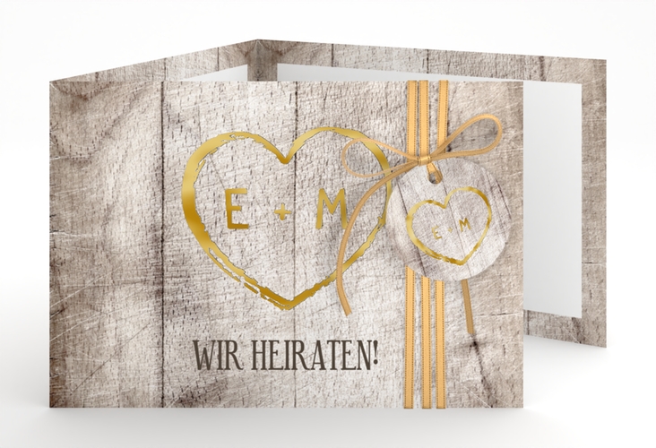Hochzeitseinladung Wood A6 Doppel-Klappkarte weiss gold