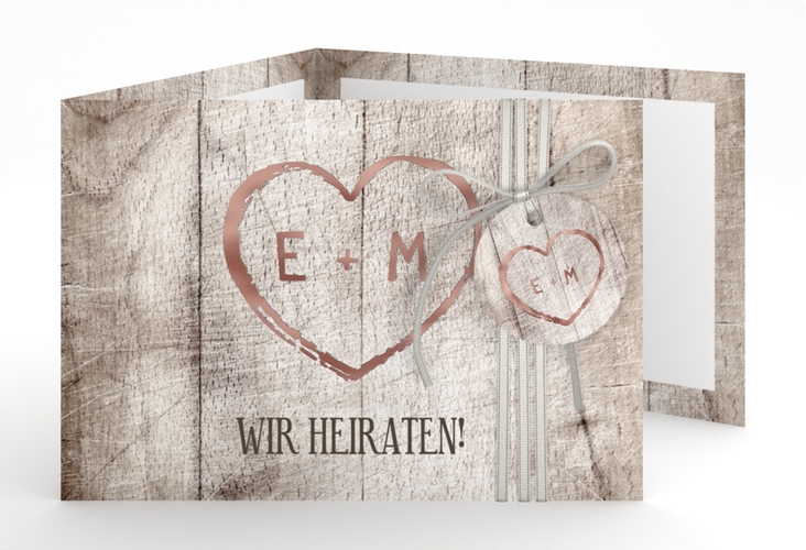 Hochzeitseinladung Wood A6 Doppel-Klappkarte weiss rosegold