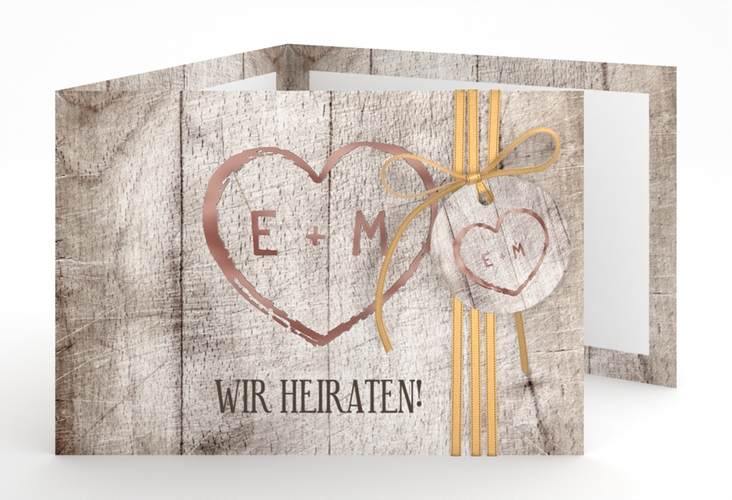 Hochzeitseinladung Wood A6 Doppel-Klappkarte weiss rosegold
