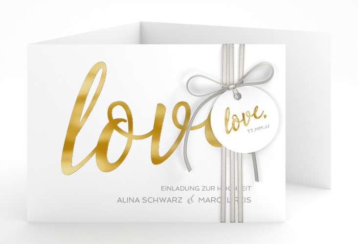 Hochzeitseinladung Glam A6 Doppel-Klappkarte weiss gold