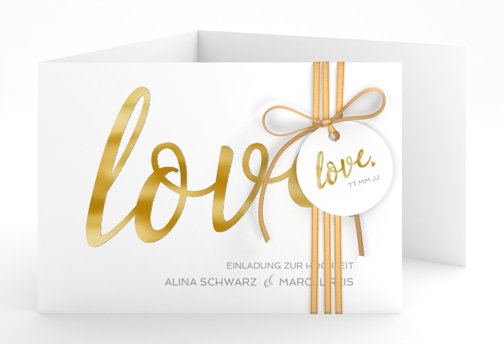 Hochzeitseinladung Glam A6 Doppel-Klappkarte weiss gold