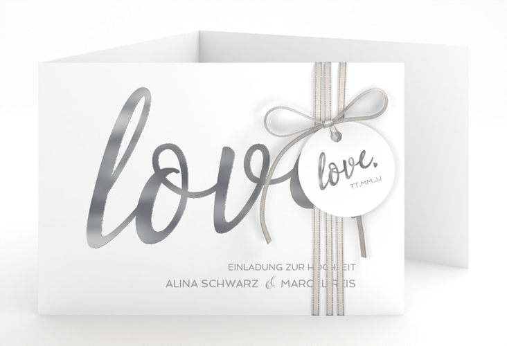 Hochzeitseinladung Glam A6 Doppel-Klappkarte weiss silber