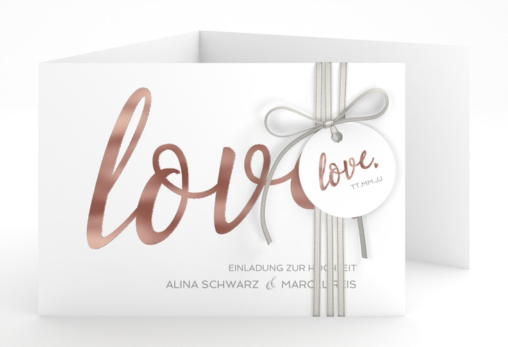 Hochzeitseinladung Glam A6 Doppel-Klappkarte weiss rosegold